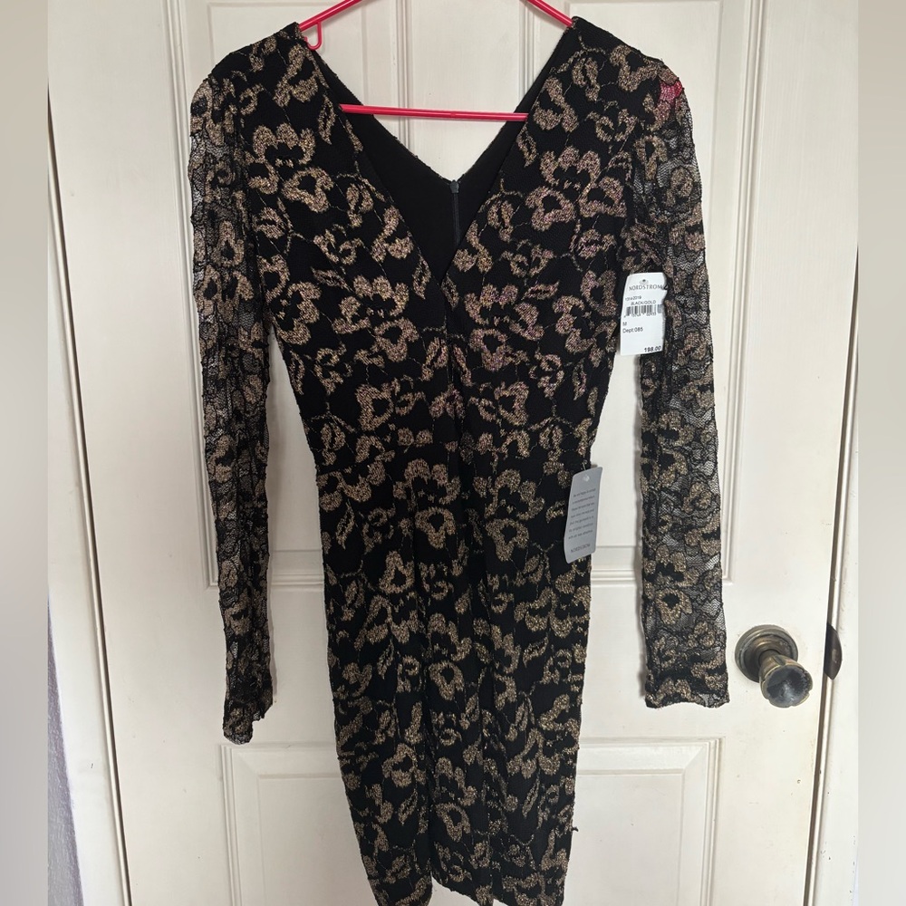 Nordstrom Black Long-Sleeve Floral Lace Dress with Gold Accents